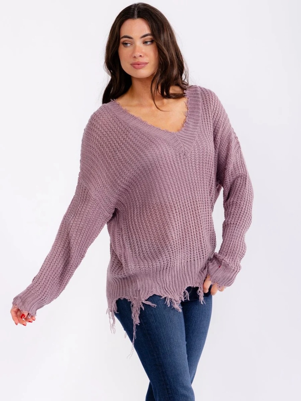 Women's Distressed V-Neck Sweater - Mauve